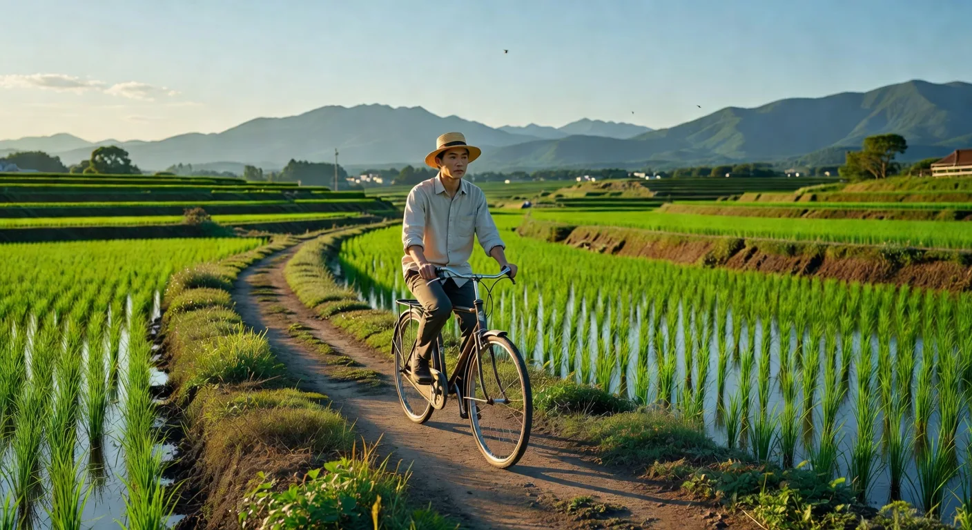 Cycling through rice paddies Japan