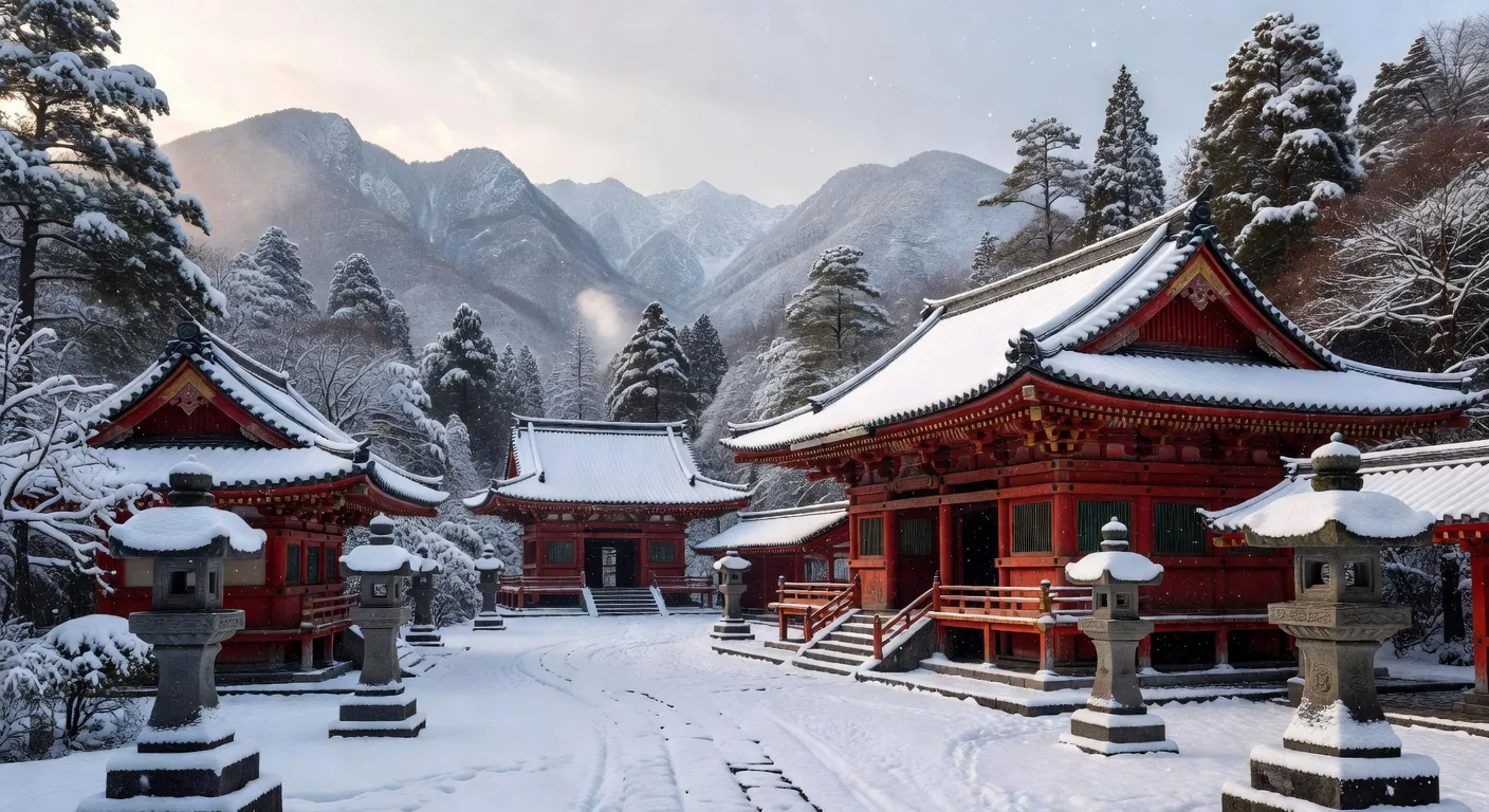 Winter snow covered temple Japan